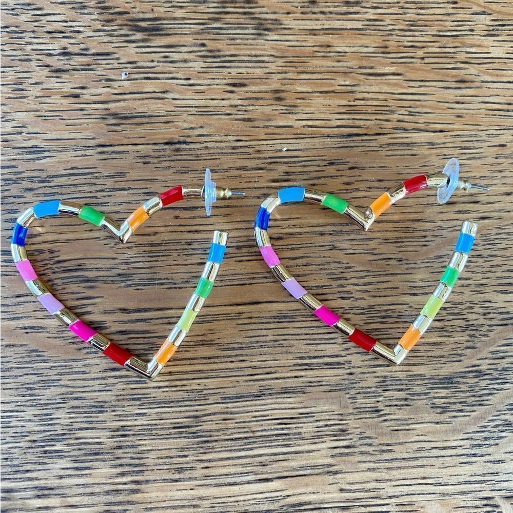 Gold & Multicolored Heart Hoop Pierced Earrings. Excellent Condition! - Picture 2 of 4